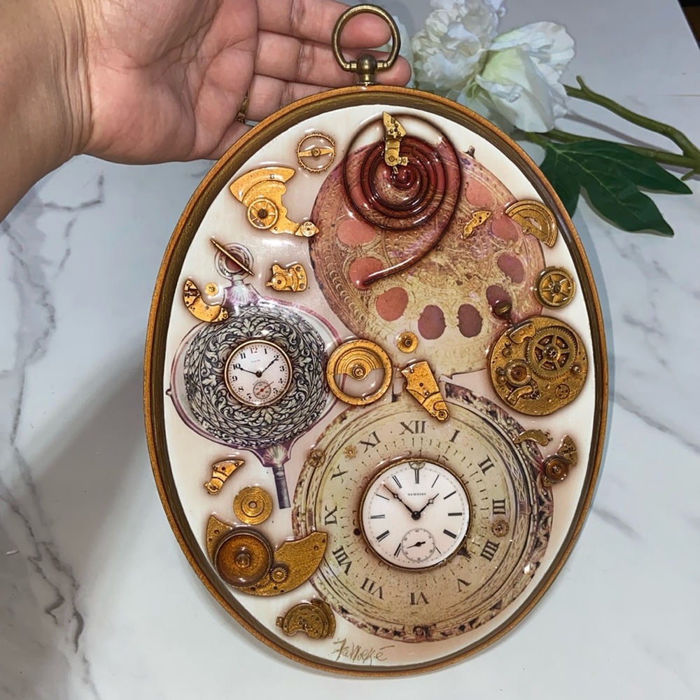 Vintage Rare Signed Mixed Media Watch Parts Collage 3D Laminated